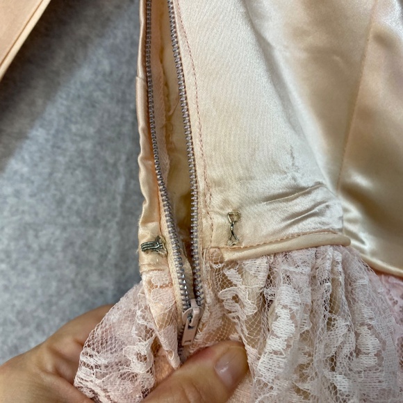 Vintage 30" Bust Peach & Pink Satin Lace Overlay Dress Fit & Flare • Handmade - Picture 16 of 16